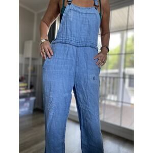 FREE PEOPLE Women’s blue linen Bib Blend boyfriend patch Distressed overalls M